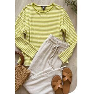 Eileen Fisher 100% Merino Wool Striped Sweater Sz L Green Ivory Soft Knit Luxe